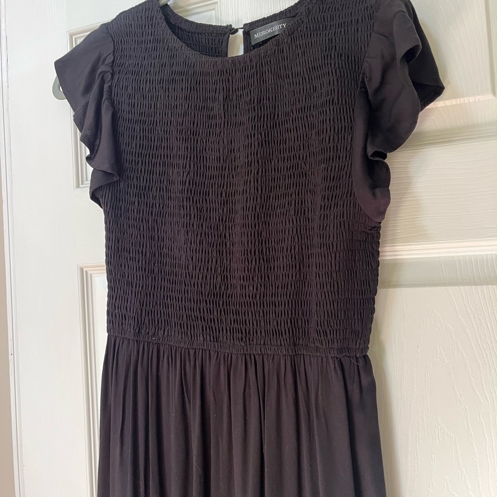 Black Smocked Midi Sundress with Flutter Sleeves